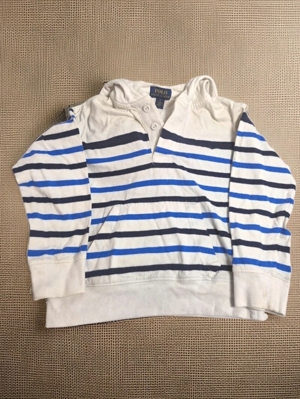 Polo Ralph Lauren Blue White Striped Henley Hoodie Sweatshirt Size 5 Kids Prep